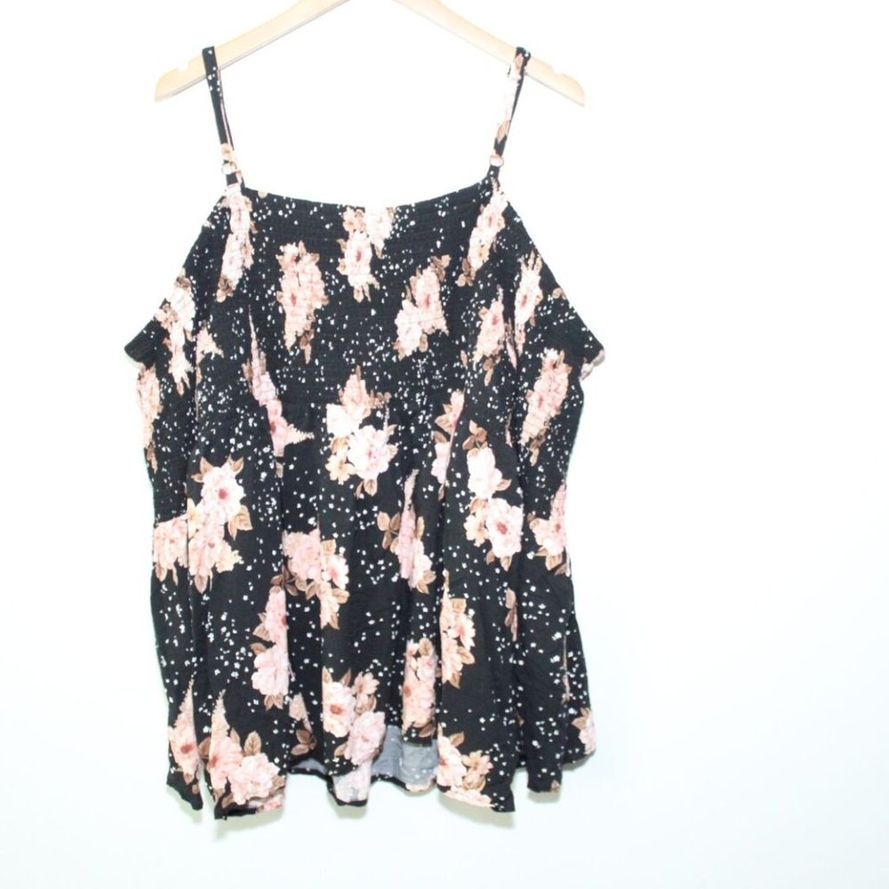 Torrid Floral Challis Cold Shoulder Blouse Black Top Smocked Size 4 4X H13469 - Picture 7 of 11